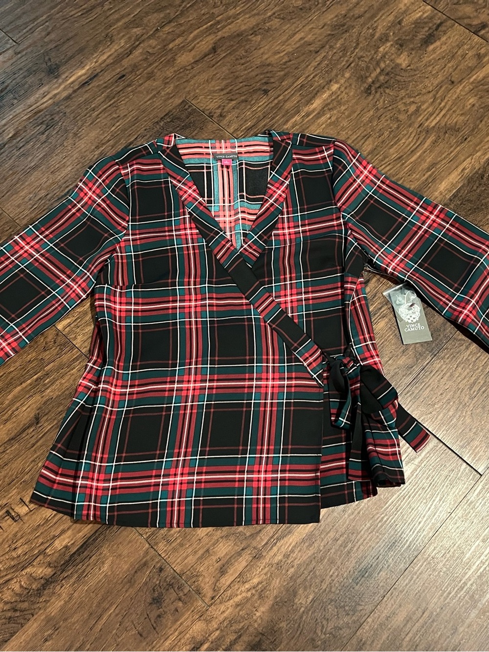 Vince Camuto Black & Red Plaid Wrap Blouse